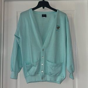 Vintage‎ teal sweater with an embroidered “Rodeo Drive Beverly Hills” graphic.